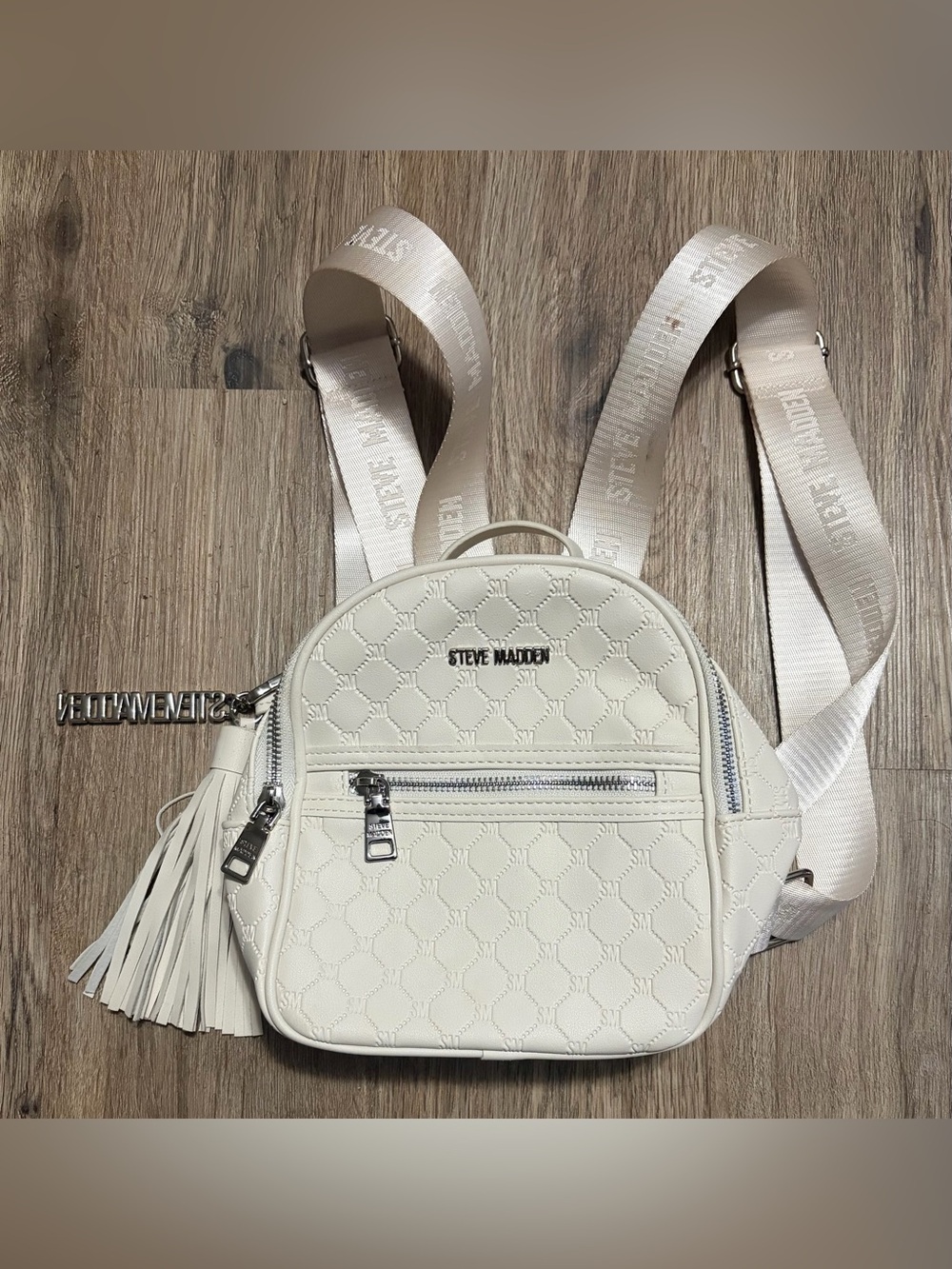 Steve Madden Cream Quilted Mini Backpack with Branded Straps